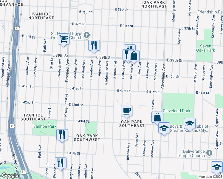 map of restaurants, bars, coffee shops, grocery stores, and more near 4115 Bellefontaine Avenue in Kansas City