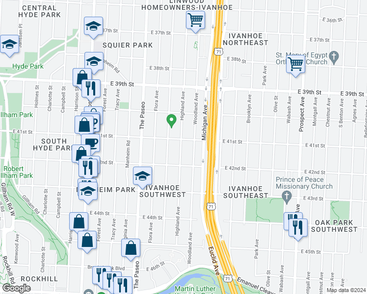 map of restaurants, bars, coffee shops, grocery stores, and more near 4132 Highland Avenue in Kansas City