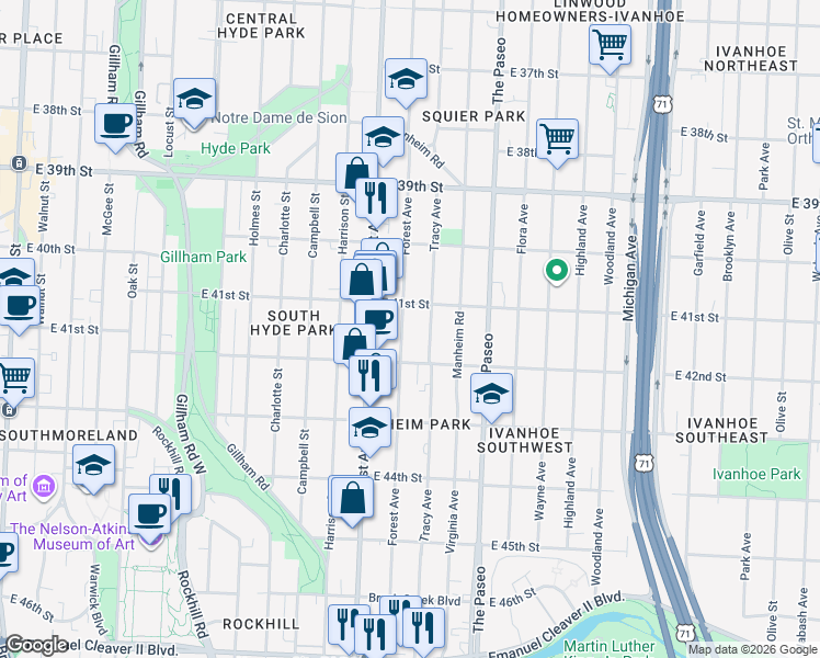 map of restaurants, bars, coffee shops, grocery stores, and more near 4136 Tracy Avenue in Kansas City
