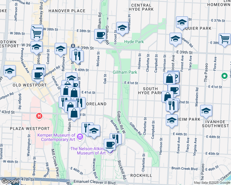 map of restaurants, bars, coffee shops, grocery stores, and more near 4201 Locust Street in Kansas City