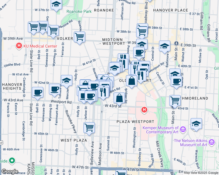 map of restaurants, bars, coffee shops, grocery stores, and more near 697 Westport Road in Kansas City