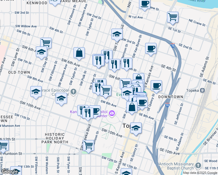 map of restaurants, bars, coffee shops, grocery stores, and more near 635 Southwest Harrison Street in Topeka