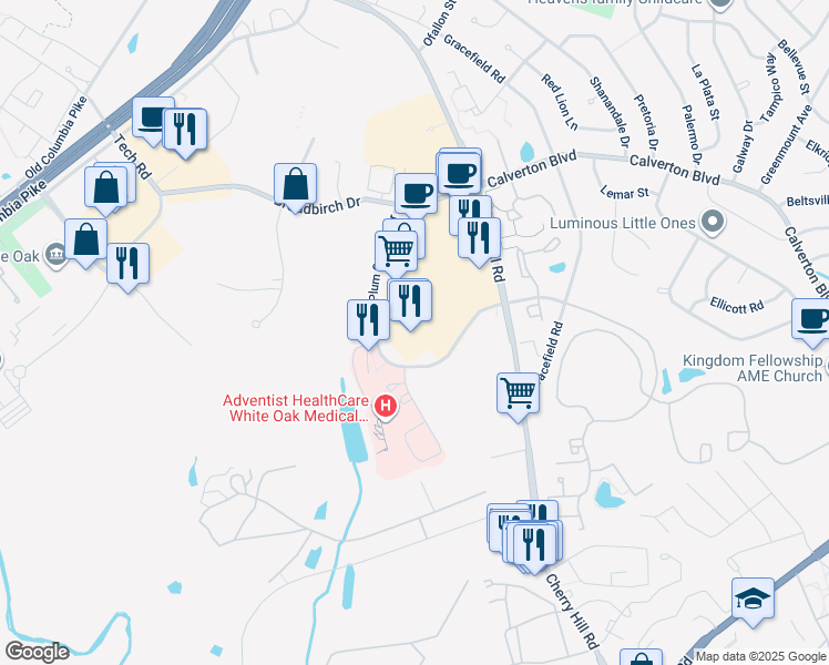 map of restaurants, bars, coffee shops, grocery stores, and more near 12000 Cherry Hill Road in Silver Spring