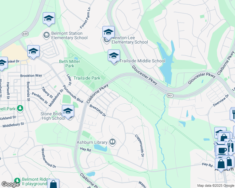map of restaurants, bars, coffee shops, grocery stores, and more near 43420 Edgecliff Terrace in Ashburn