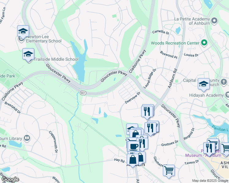 map of restaurants, bars, coffee shops, grocery stores, and more near 20446 Alicent Terrace in Ashburn
