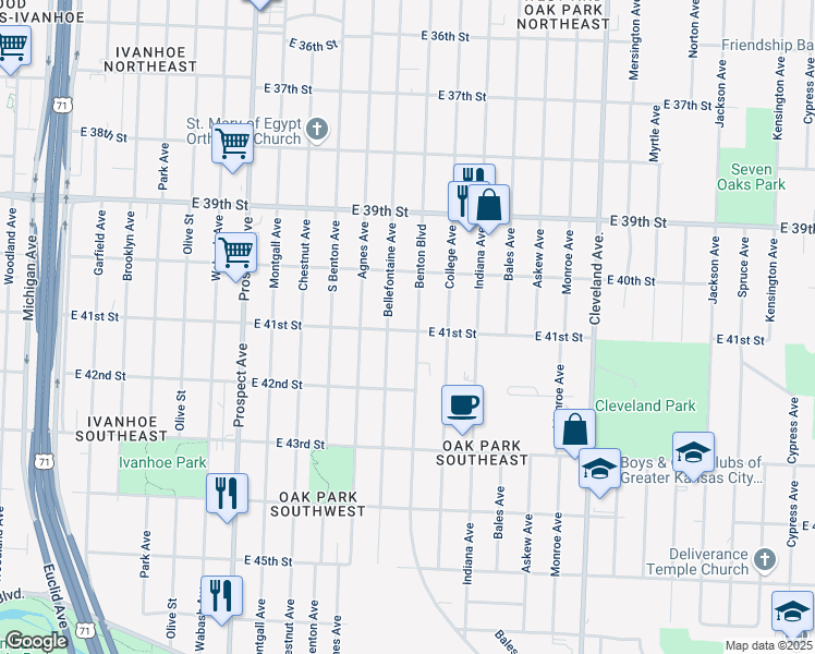 map of restaurants, bars, coffee shops, grocery stores, and more near 4115 Bellefontaine Avenue in Kansas City