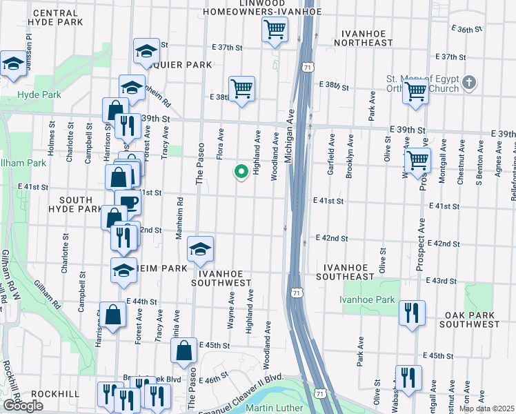 map of restaurants, bars, coffee shops, grocery stores, and more near 4132 Highland Avenue in Kansas City