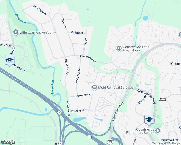 map of restaurants, bars, coffee shops, grocery stores, and more near 28 Huntley Court in Sterling