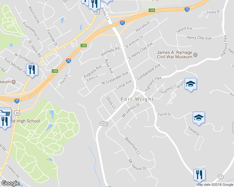 map of restaurants, bars, coffee shops, grocery stores, and more near 404 Kentucky Drive in Covington