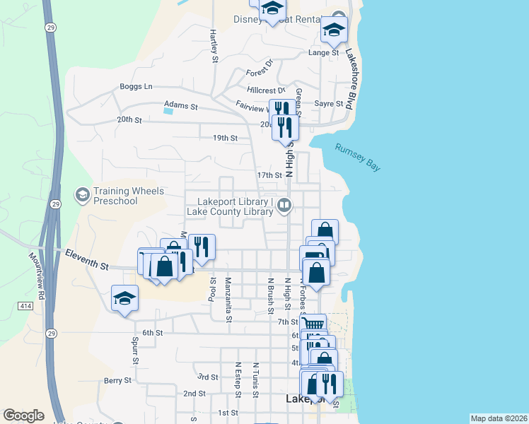 map of restaurants, bars, coffee shops, grocery stores, and more near 395 15th Street in Lakeport