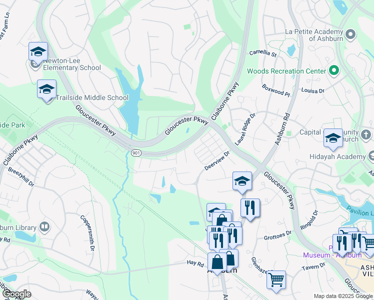 map of restaurants, bars, coffee shops, grocery stores, and more near 20444 Alicent Terrace in Ashburn