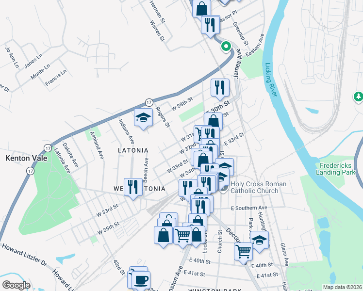 map of restaurants, bars, coffee shops, grocery stores, and more near 44 West 31st Street in Covington