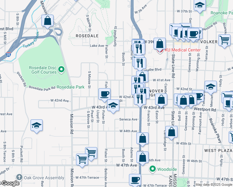 map of restaurants, bars, coffee shops, grocery stores, and more near 4123 Springfield Street in Kansas City