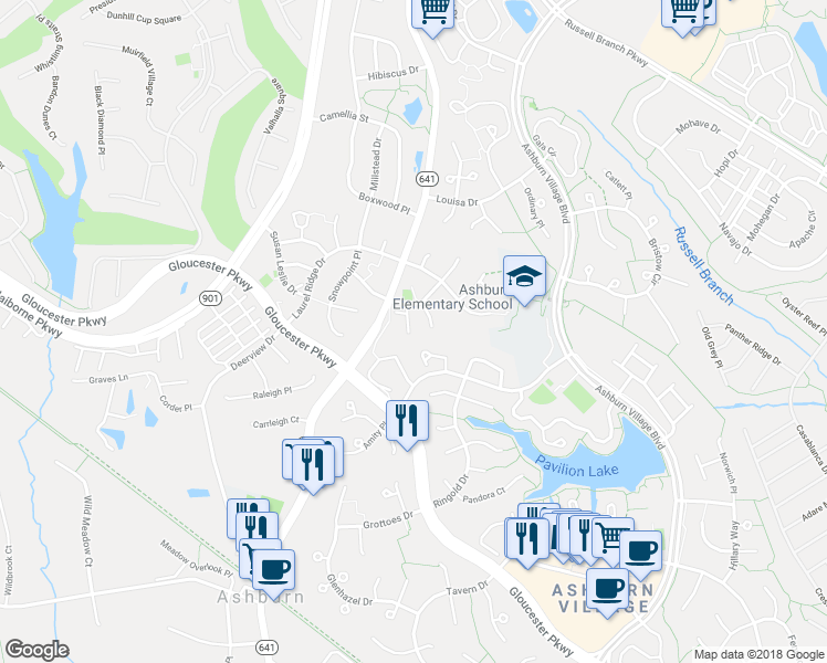 map of restaurants, bars, coffee shops, grocery stores, and more near 20406 Baseline Terrace in Ashburn