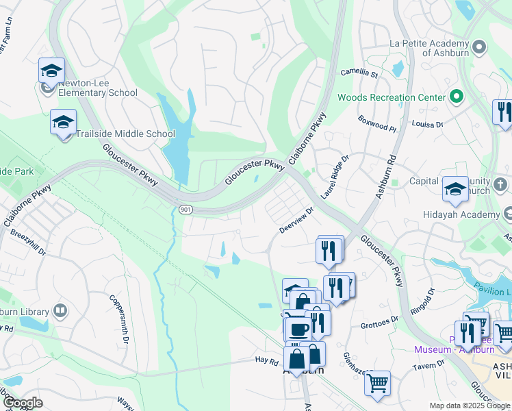 map of restaurants, bars, coffee shops, grocery stores, and more near 20444 Alicent Terrace in Ashburn