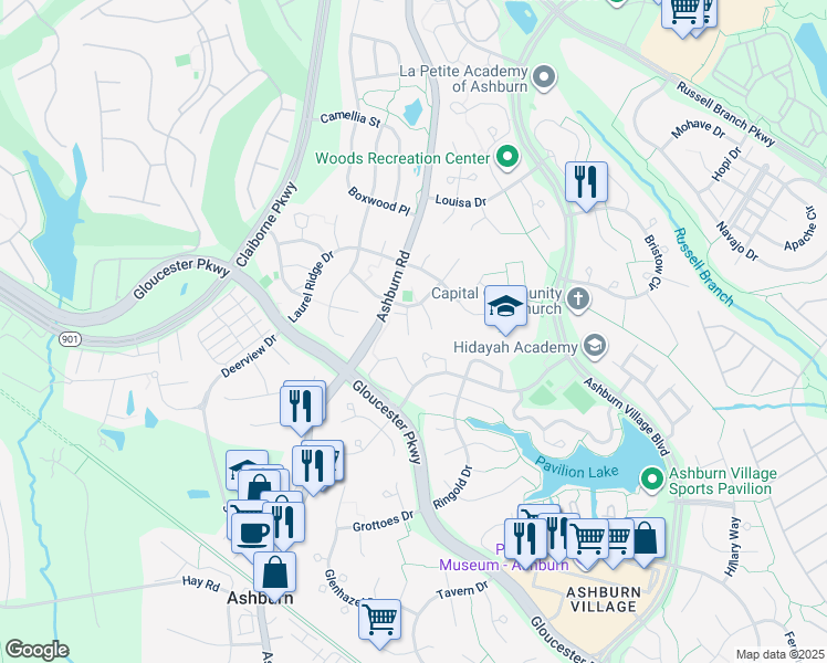 map of restaurants, bars, coffee shops, grocery stores, and more near 20406 Baseline Terrace in Ashburn
