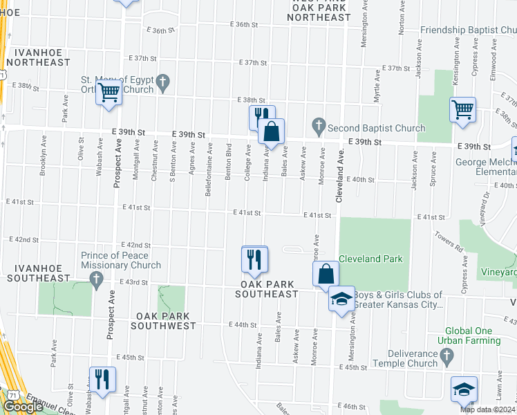 map of restaurants, bars, coffee shops, grocery stores, and more near 4042 Indiana Ave in Kansas City
