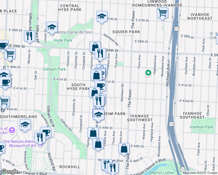 map of restaurants, bars, coffee shops, grocery stores, and more near 1210 East 41st Street in Kansas City