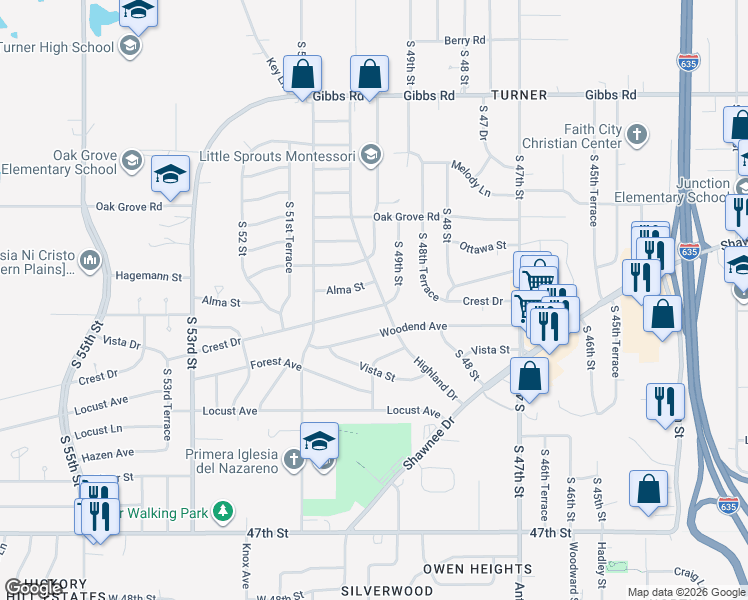 map of restaurants, bars, coffee shops, grocery stores, and more near 4914 Alma Street in Kansas City