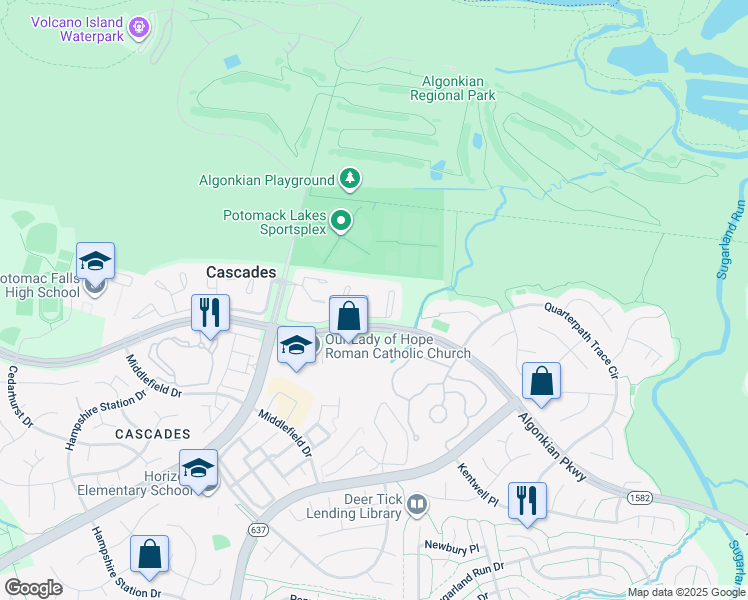 map of restaurants, bars, coffee shops, grocery stores, and more near 20372 Briarcliff Terrace in Sterling