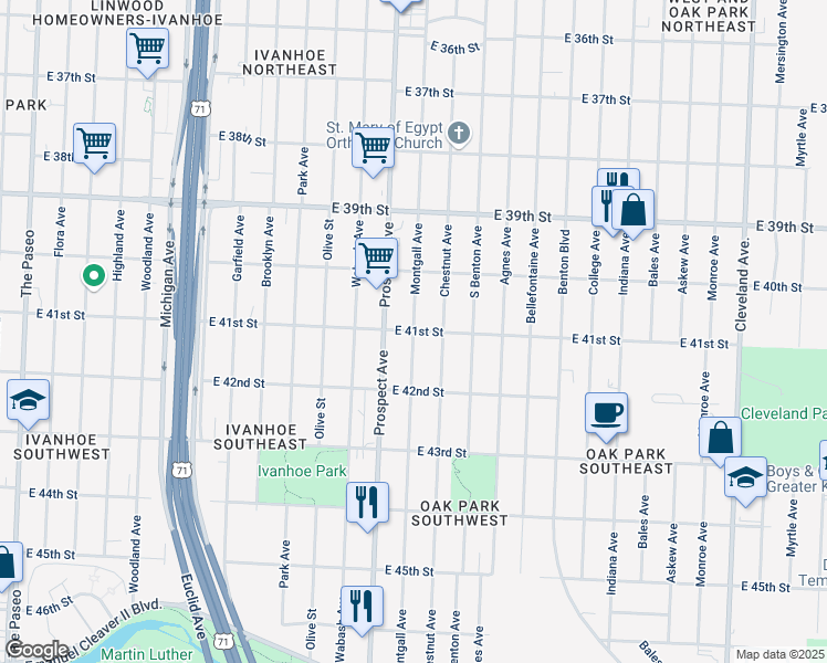 map of restaurants, bars, coffee shops, grocery stores, and more near E 41st St & Montgall Ave in Kansas City