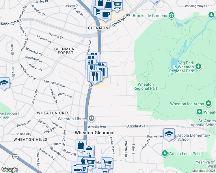 map of restaurants, bars, coffee shops, grocery stores, and more near 12060 Eaglewood Court in Silver Spring