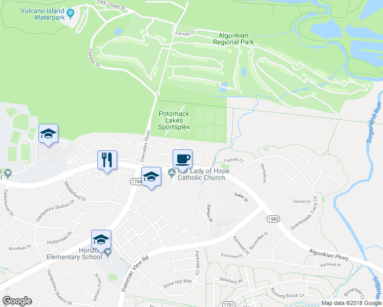 map of restaurants, bars, coffee shops, grocery stores, and more near 20372 Briarcliff Terrace in Sterling