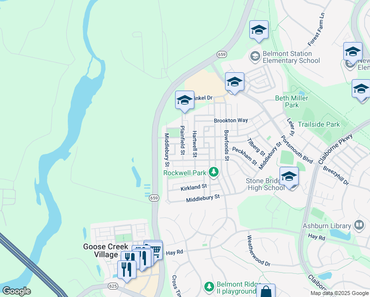 map of restaurants, bars, coffee shops, grocery stores, and more near 20409 Plainfield Street in Ashburn