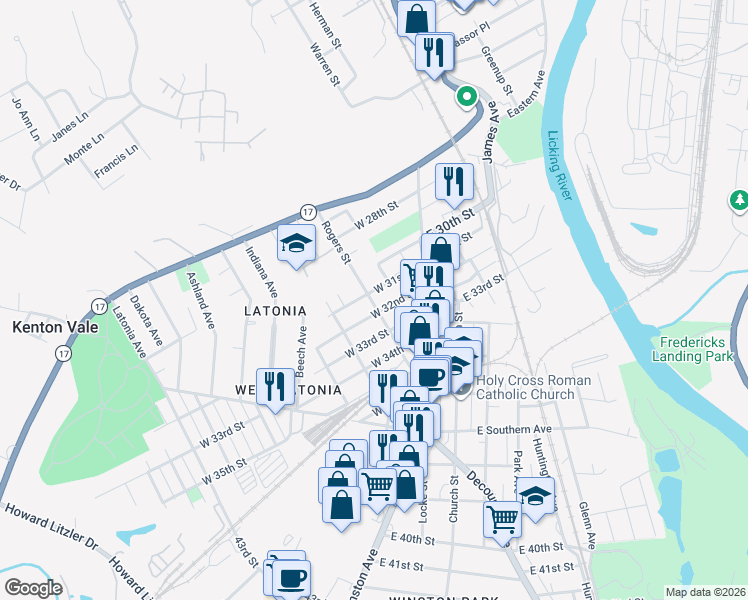 map of restaurants, bars, coffee shops, grocery stores, and more near 44 West 31st Street in Covington