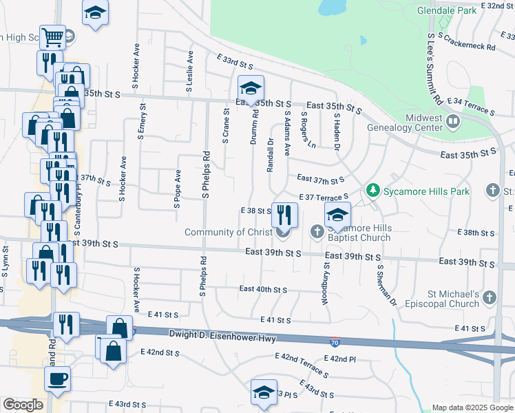 map of restaurants, bars, coffee shops, grocery stores, and more near 3713 Drumm Road in Independence