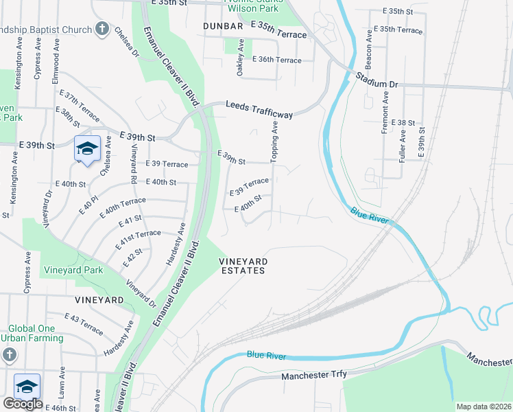 map of restaurants, bars, coffee shops, grocery stores, and more near 5700 East 40 Street in Kansas City