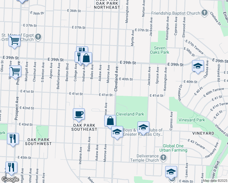 map of restaurants, bars, coffee shops, grocery stores, and more near 4019 Monroe Avenue in Kansas City