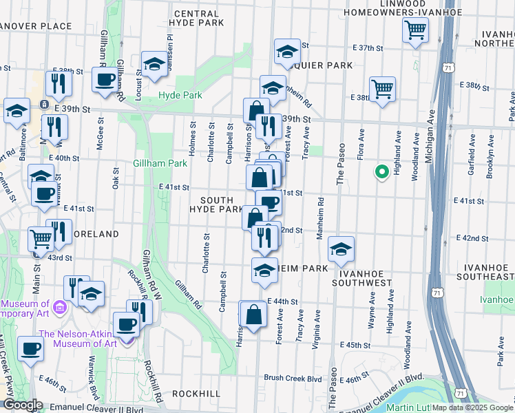 map of restaurants, bars, coffee shops, grocery stores, and more near 920 East 41st Street in Kansas City