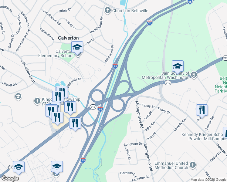 map of restaurants, bars, coffee shops, grocery stores, and more near Interstate 95 in Beltsville