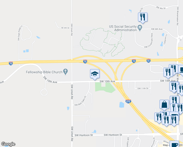map of restaurants, bars, coffee shops, grocery stores, and more near 6630 Southwest 10th Avenue in Topeka