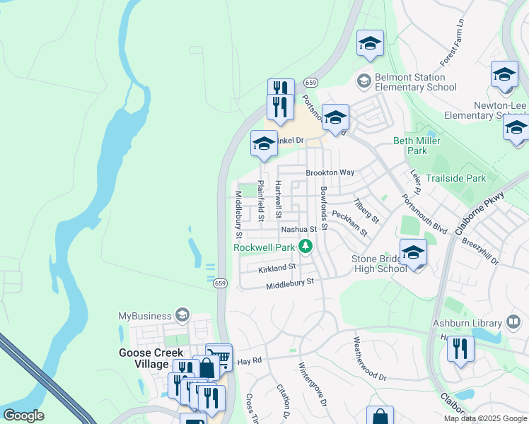 map of restaurants, bars, coffee shops, grocery stores, and more near 20409 Plainfield Street in Ashburn