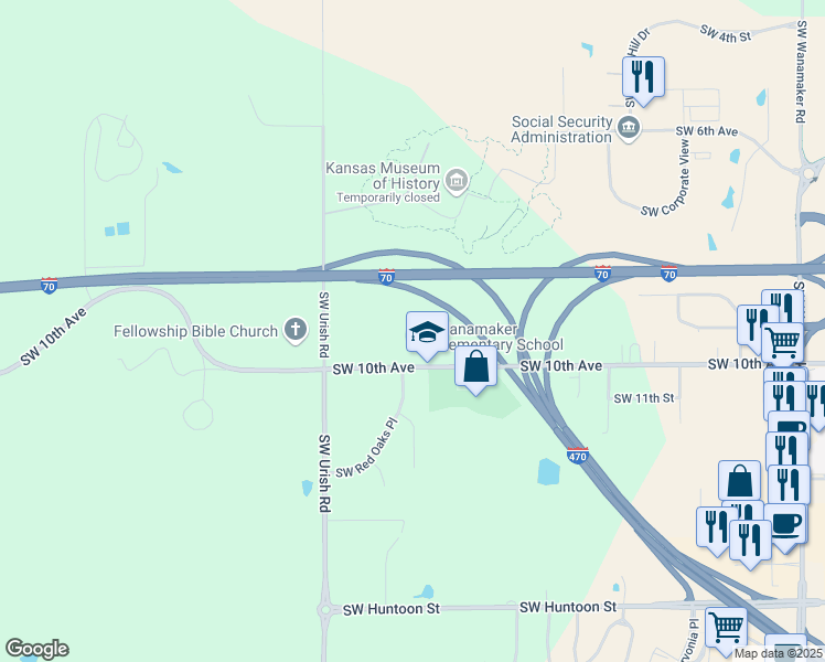 map of restaurants, bars, coffee shops, grocery stores, and more near 6630 Southwest 10th Avenue in Topeka