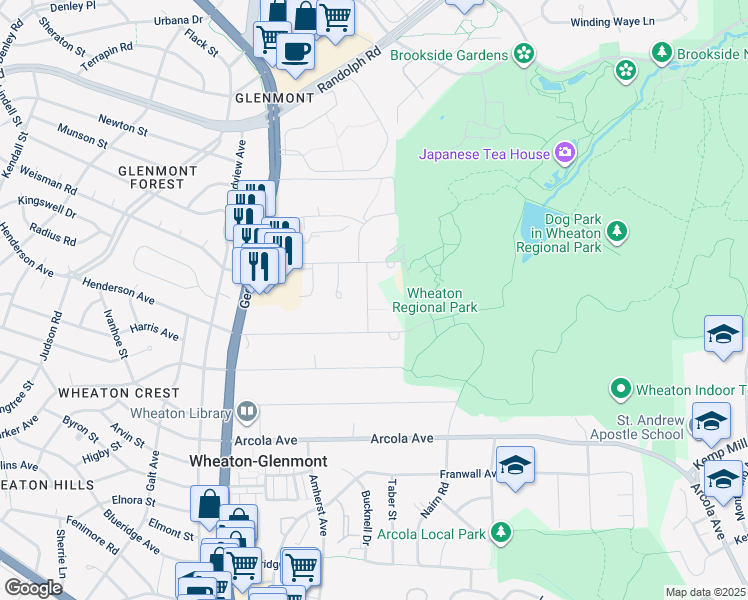 map of restaurants, bars, coffee shops, grocery stores, and more near 12003 Bernard Drive in Silver Spring