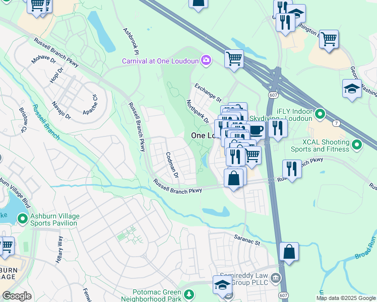 map of restaurants, bars, coffee shops, grocery stores, and more near 20389 Savin Hill Drive in Ashburn