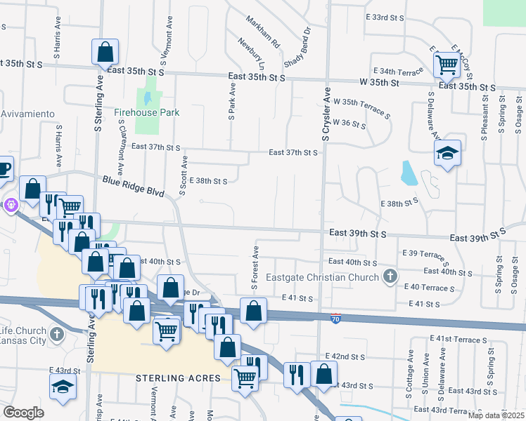 map of restaurants, bars, coffee shops, grocery stores, and more near 11810 East 39th Street South in Independence