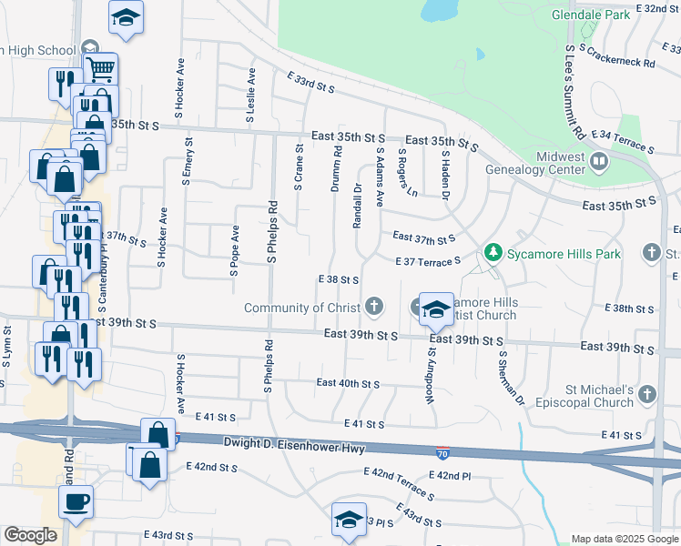 map of restaurants, bars, coffee shops, grocery stores, and more near 3713 Drumm Road in Independence
