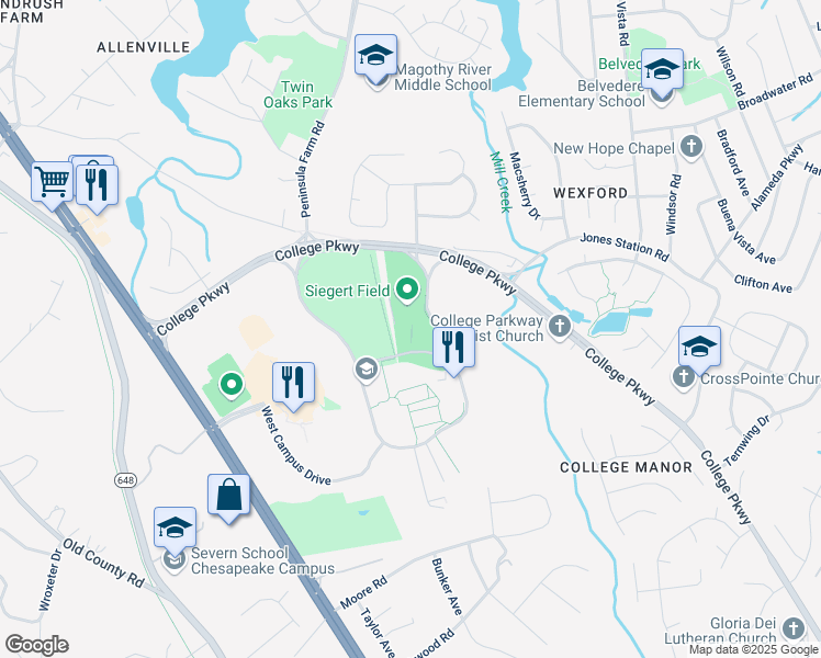 map of restaurants, bars, coffee shops, grocery stores, and more near 101 College Parkway in Arnold