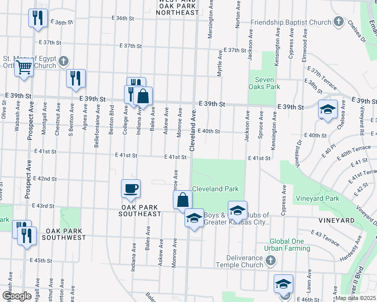 map of restaurants, bars, coffee shops, grocery stores, and more near 4019 Monroe Avenue in Kansas City