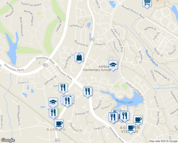 map of restaurants, bars, coffee shops, grocery stores, and more near 20404 Baseline Terrace in Ashburn