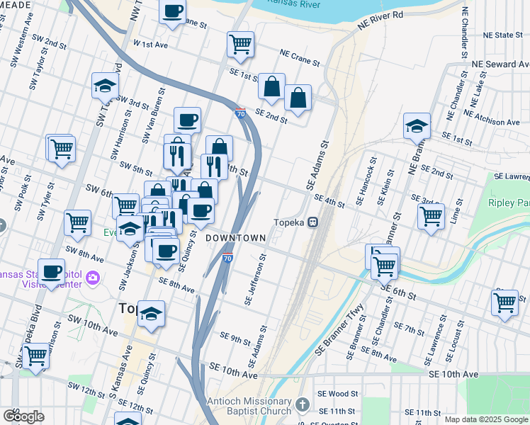 map of restaurants, bars, coffee shops, grocery stores, and more near 401 Southeast Jefferson Street in Topeka