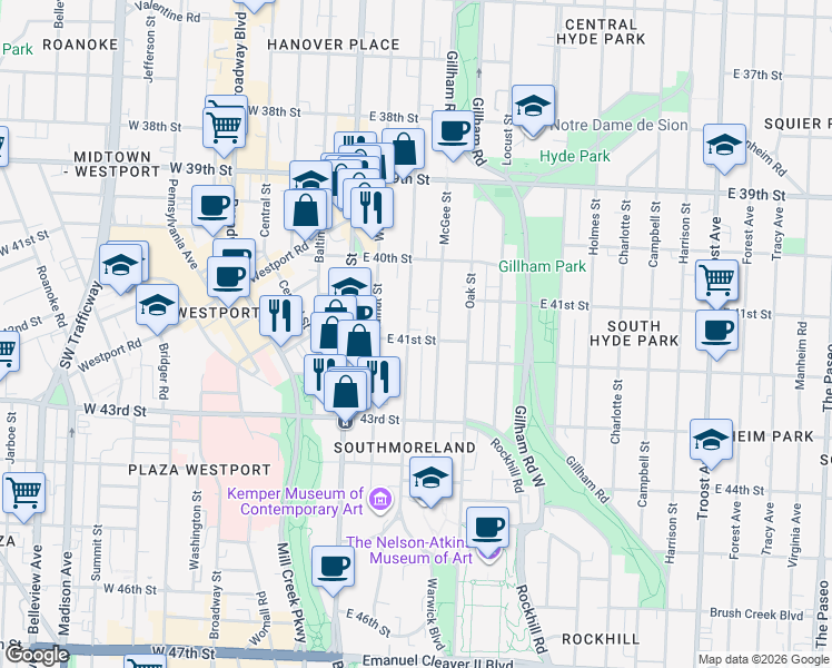 map of restaurants, bars, coffee shops, grocery stores, and more near 4063 Warwick Boulevard in Kansas City