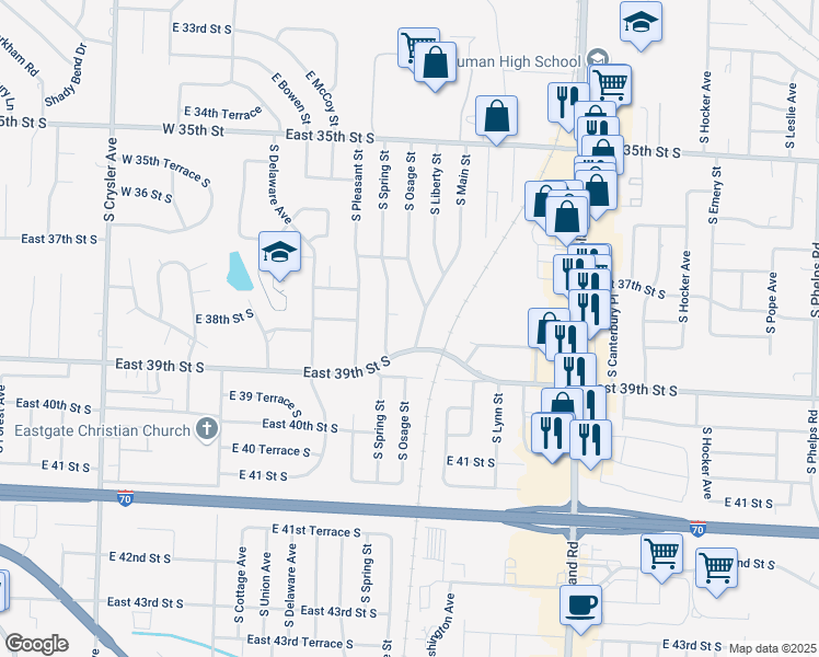 map of restaurants, bars, coffee shops, grocery stores, and more near 3725 South Spring Street in Independence