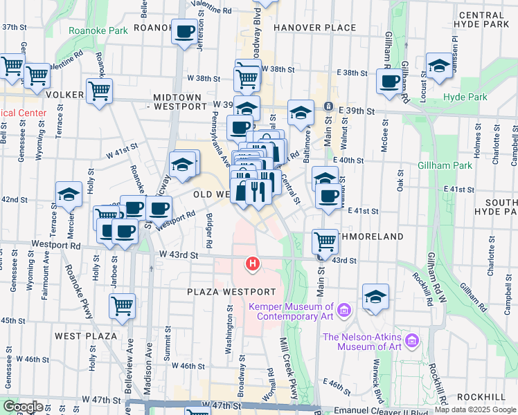 map of restaurants, bars, coffee shops, grocery stores, and more near 4116 Broadway Boulevard in Kansas City