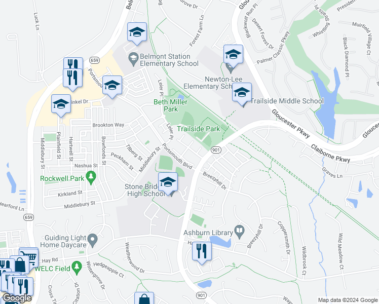 map of restaurants, bars, coffee shops, grocery stores, and more near 43205 Chestermill Terrace in Ashburn