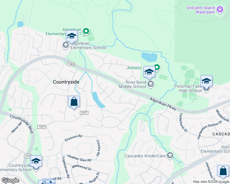 map of restaurants, bars, coffee shops, grocery stores, and more near 18 North Lowery Court in Sterling